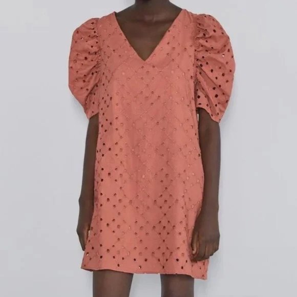 Zara Perforated Embroidery Balloon Sleeve Dress - Picture 2 of 15